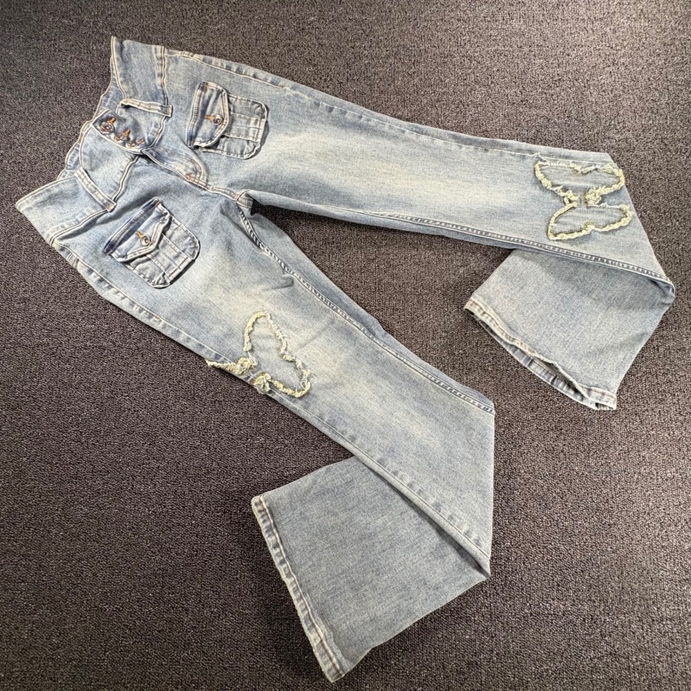 Hot Topic Distressed High Rise Flare Jeans Womens 9 Light Wash Cargo Patchwork